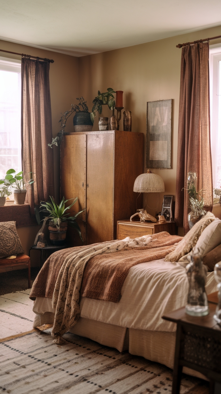 Escape to a retro-inspired bedroom brimming with vintage soul. Rich textures, antique finds, and a calming earthy palette weave together a space that's both stylish and serene. From the intricately patterned rug to the softly lit wooden cabinet, every detail whispers a story of bygone eras, creating a haven of bohemian elegance you'll never want to leave.