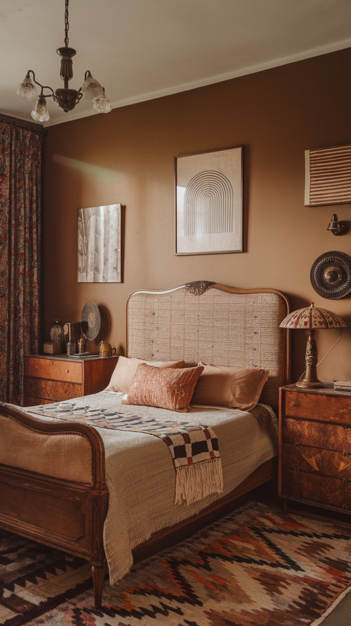 Step into a haven of bohemian bliss where vintage charm meets modern comfort. Earthy hues embrace a textured antique bed, its headboard a masterpiece of faded elegance. A retro lamp casts a warm glow on a vintage dresser, while a boho-chic rug anchors the space beneath a dazzling vintage chandelier. Artful accents and eclectic details complete this dreamy escape.
