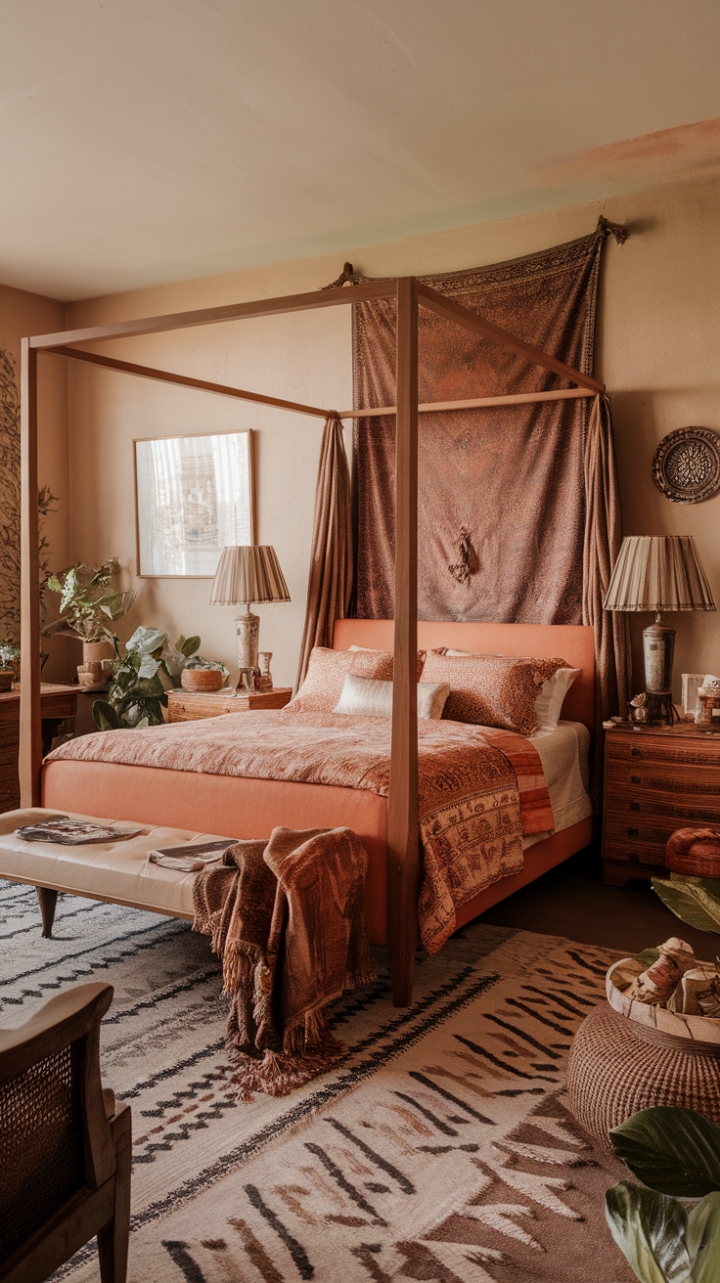 Escape to a sanctuary of retro romance. This eclectic bedroom is a masterclass in boho chic, featuring a stunning orange-toned canopy bed, layered textiles, and a curated collection of vintage finds. From the patterned rug beneath your feet to the captivating tapestry on the wall, every detail whispers of a bygone era, reimagined for today's discerning homeowner. Prepare to be enchanted.