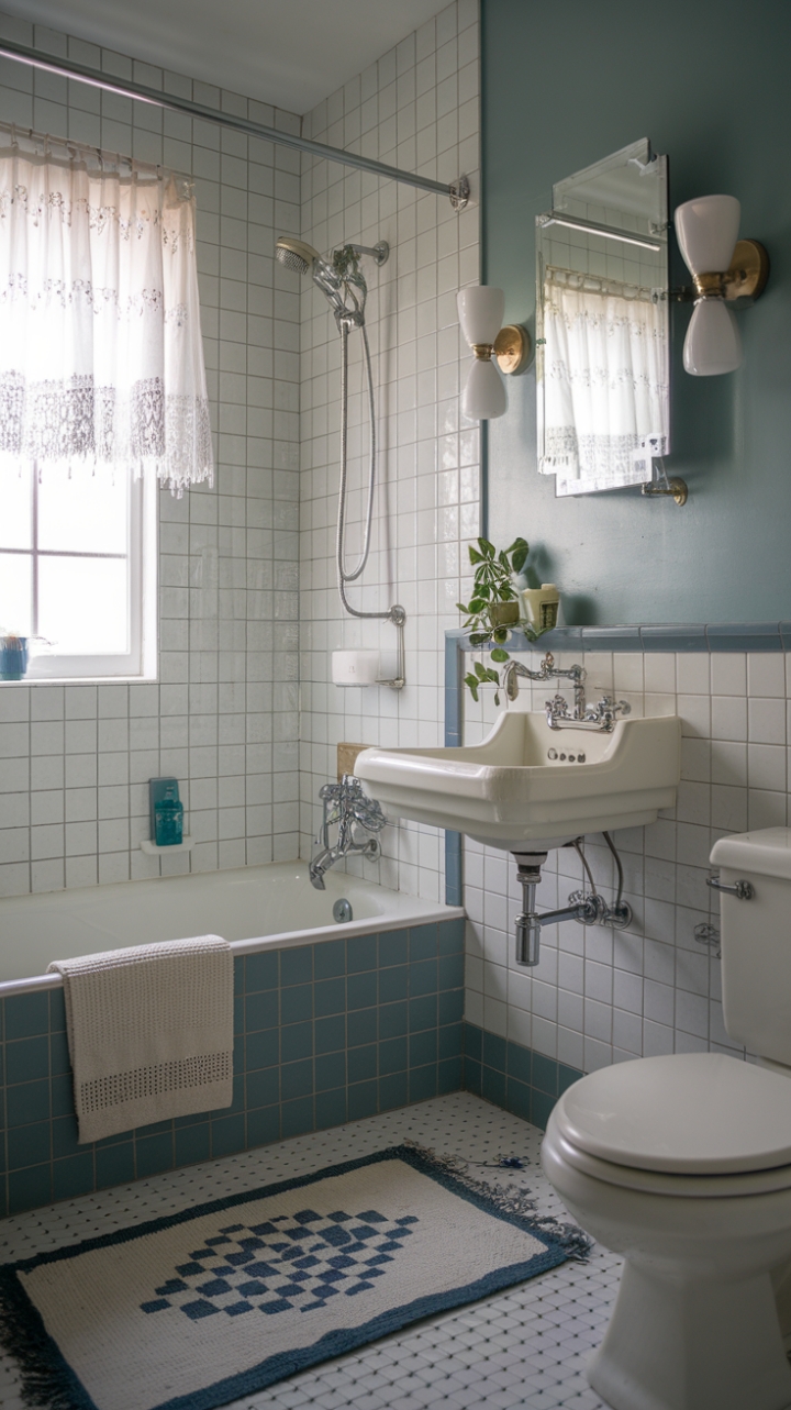 Ready for a bathroom refresh that feels both fresh and familiar? This modern vintage sanctuary masterfully blends the best of both worlds. Classic fixtures with a charmingly antique feel grace the sink and tub, while a playful blue and white tiled pattern on the walls adds a touch of retro chic. A sweet little plant brings a breath of life, and a patterned rug underfoot adds comfort and style. Sunlight streams through the window, making this a truly inviting space to unwind.