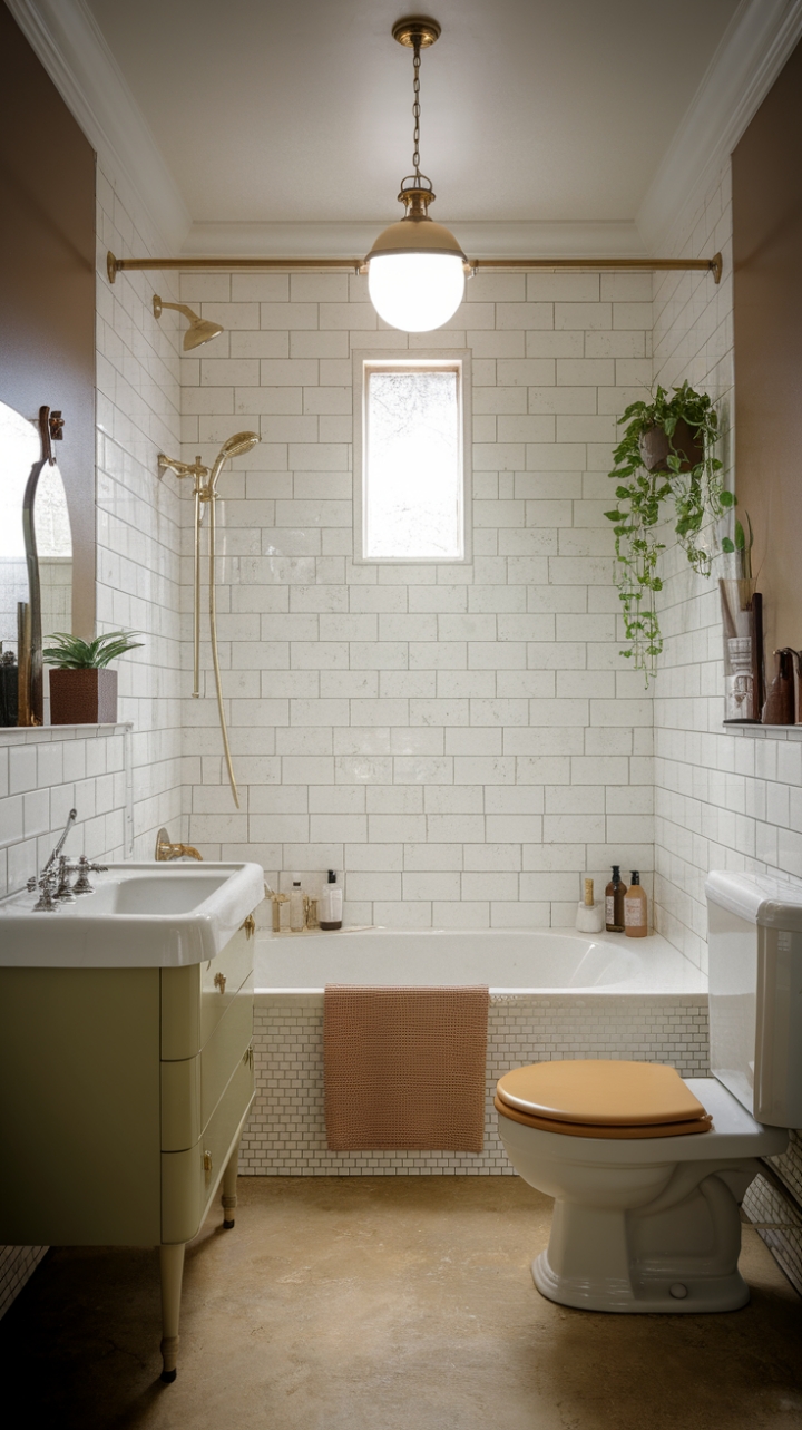 Ready for a bathroom refresh that feels both timeless and utterly now? This space is a masterclass in modern vintage, where retro chic meets classic charm. Imagine soaking in that beautiful tub, bathed in the warm glow of the vintage-style fixture, surrounded by the crisp elegance of white subway tiles. Antique fixtures add a touch of history, while the beige tiled floor provides a grounding warmth. And those plants? They bring a breath of fresh air, making this bathroom a true sanctuary. It's a perfect blend of old and new, designed for relaxation and style.