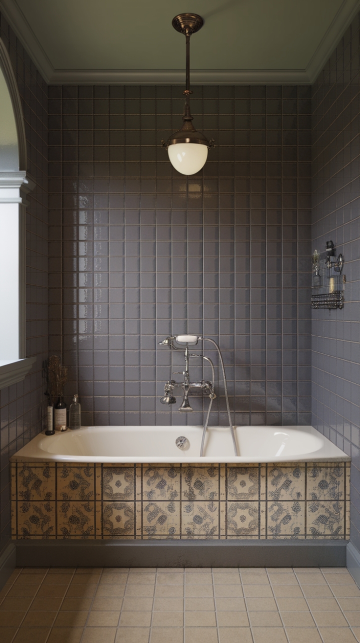 Ready for a soak in pure nostalgia? This modern vintage bathroom is a love letter to retro chic. Classic design meets antique charm with a white tub adorned in vintage-inspired patterns, promising a luxurious escape. The grey tiled wall and beige tiled floor create a sophisticated backdrop, while a vintage-inspired light fixture casts a warm glow over the scene. It's a space steeped in history, offering a truly unique and inviting experience.