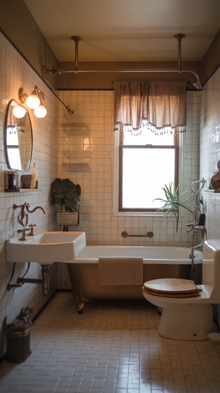 Step into this charming vintage-inspired bathroom where mid-century elegance meets retro chic. The antique fixtures, including a beautifully curved bathtub and a distinctive faucet on the sink, evoke timeless sophistication. Patterned tiles adorn the walls, adding visual intrigue, while crisp white floor tiles keep the space fresh and bright. A cozy window with a delicate curtain invites soft, warm light, creating an inviting atmosphere. Vintage-style towels and a lush plant near the bathtub add touches of personality and warmth, making this space a perfect blend of nostalgia and modern comfort.