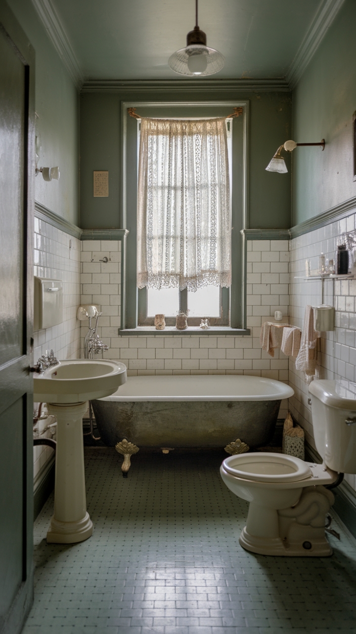 Step back in time with this charming vintage bathroom, where a pristine clawfoot tub and pedestal sink take center stage against a backdrop of delightful green and white patterned tiles. The lace-trimmed window adds a touch of delicate femininity, completing this nostalgic haven of tranquility.