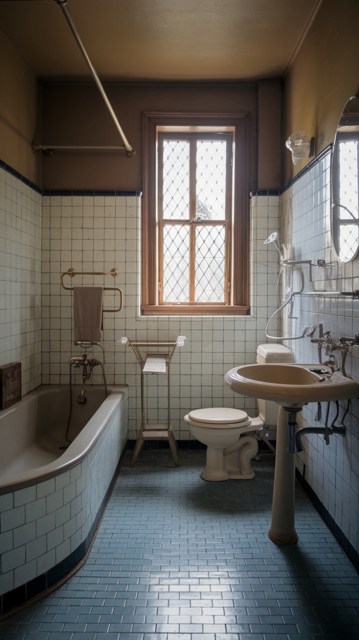 Indulge your senses in the captivating allure of this retro-chic bathroom. A symphony of blue and white tiles sets the stage for a vintage haven, complete with a curvaceous bathtub, a statement sink, and period-perfect fixtures. The nostalgic ambiance is perfectly complemented by carefully curated accessories, creating a space that's both effortlessly stylish and wonderfully evocative of a bygone era. Escape the ordinary and embrace the timeless beauty of this captivating retreat.