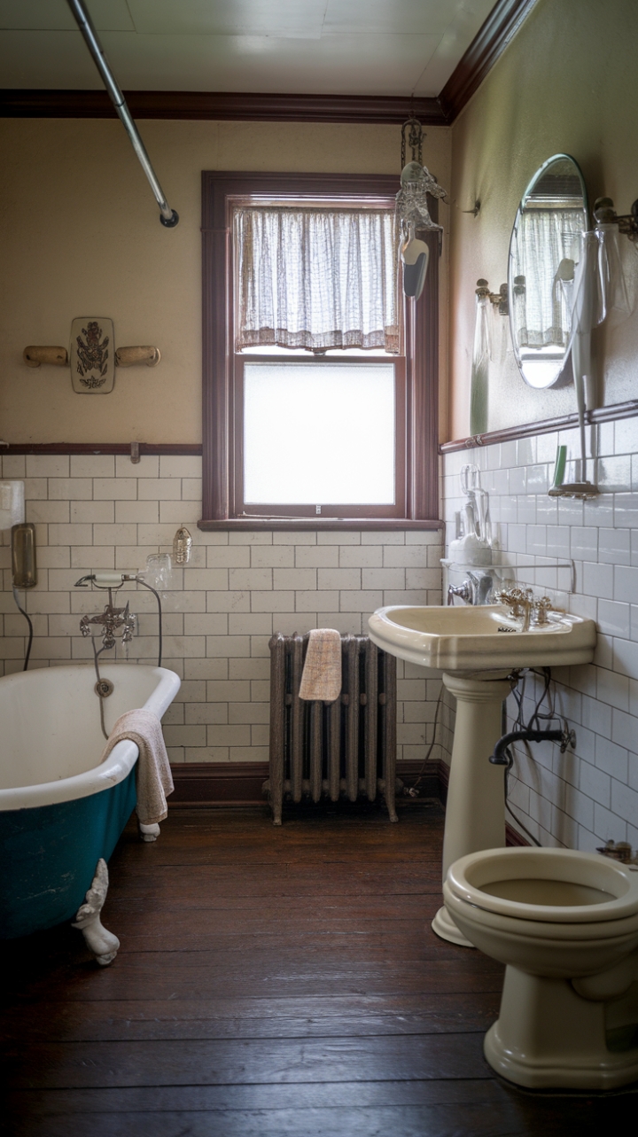 Step back in time with this vintage bathroom, where ornate clawfoot tubs and pedestal sinks whisper tales of old Hollywood glamour. Dark wood floors and white-tiled walls create a timeless elegance, punctuated by charming details like a radiator draped in a plush towel and a peek of a patterned curtain at the window. Pure nostalgic bliss.