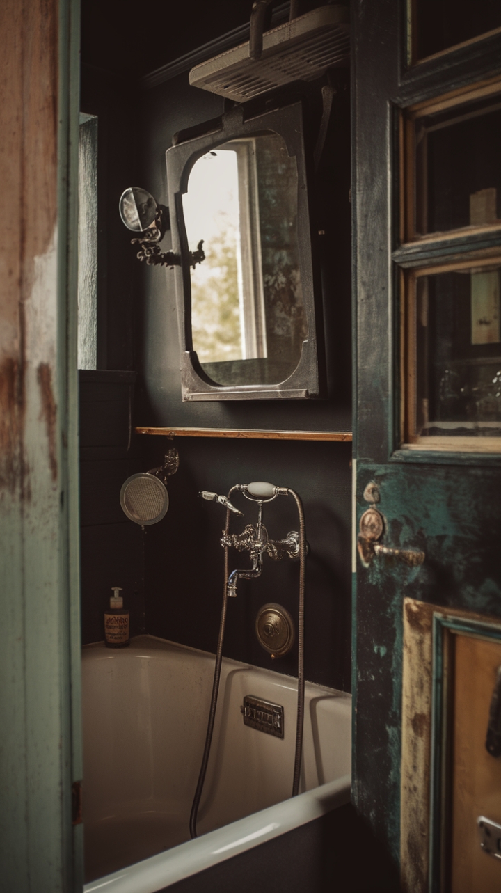 Indulge your senses in this darkly romantic bathroom retreat. Antique details and retro styling combine to create a vintage haven, brimming with rustic charm and nostalgic appeal. The distressed finishes and deep color palette whisper tales of bygone eras, promising a luxurious escape from the everyday.