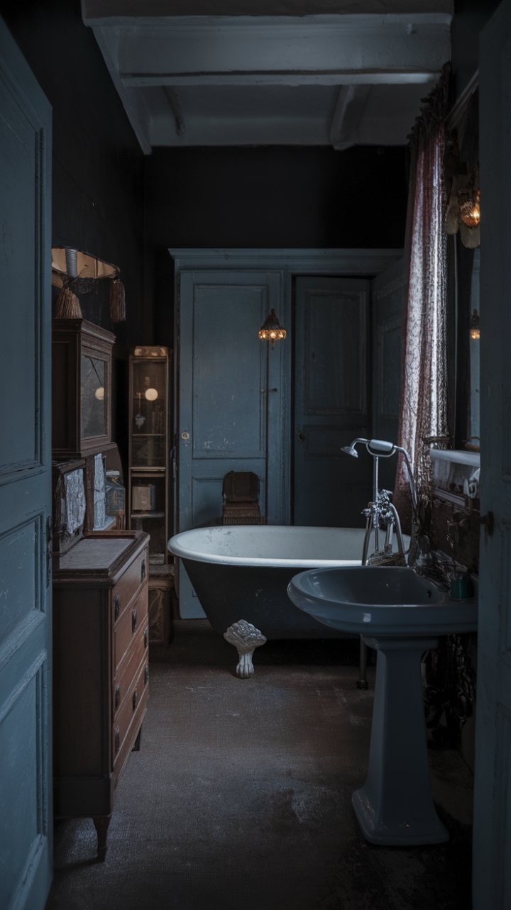 Step into a sanctuary of vintage charm where shadows dance and whispers of bygone eras linger. This moody bathroom, a masterpiece of rustic elegance, boasts a clawfoot tub and pedestal sink, their aged surfaces whispering tales of countless luxurious soaks. Distressed finishes and a dark palette create an atmosphere of nostalgic intimacy, perfect for quiet contemplation and self-care rituals. The soft lighting casts a warm glow, enhancing the room's captivating allure.