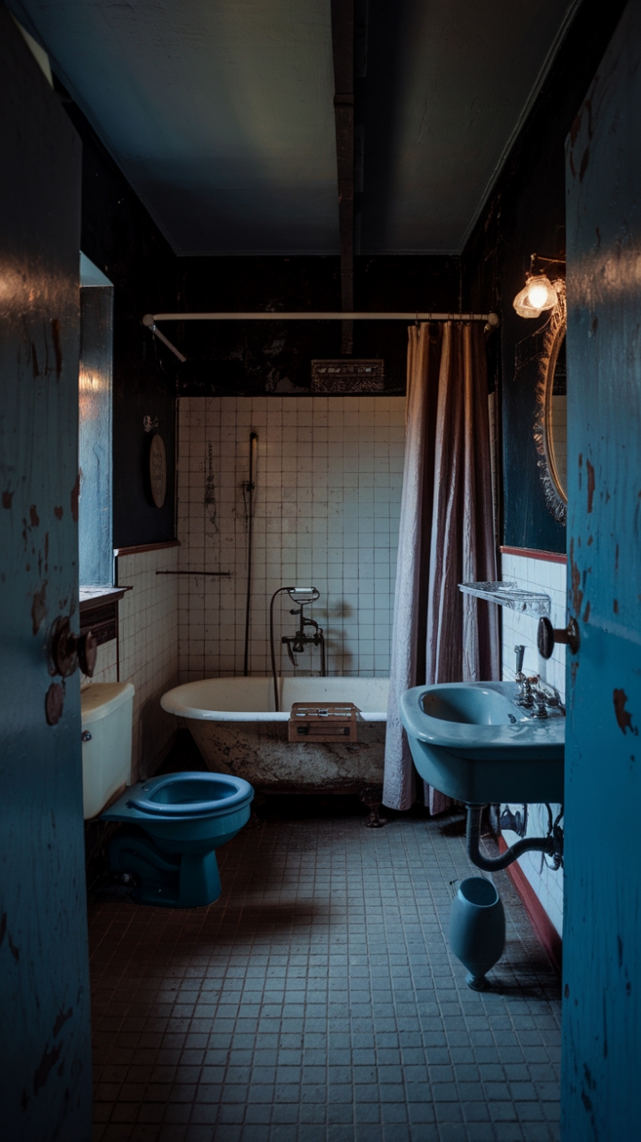Step into a sanctuary of vintage charm where shadows dance and history whispers. This moody bathroom, a masterpiece of rustic elegance, boasts a distressed antique tub, a retro sink with undeniable character, and a shower curtain hinting at untold stories. The dark palette and aged finishes create an atmosphere of captivating mystery, a space where relaxation meets timeless style.