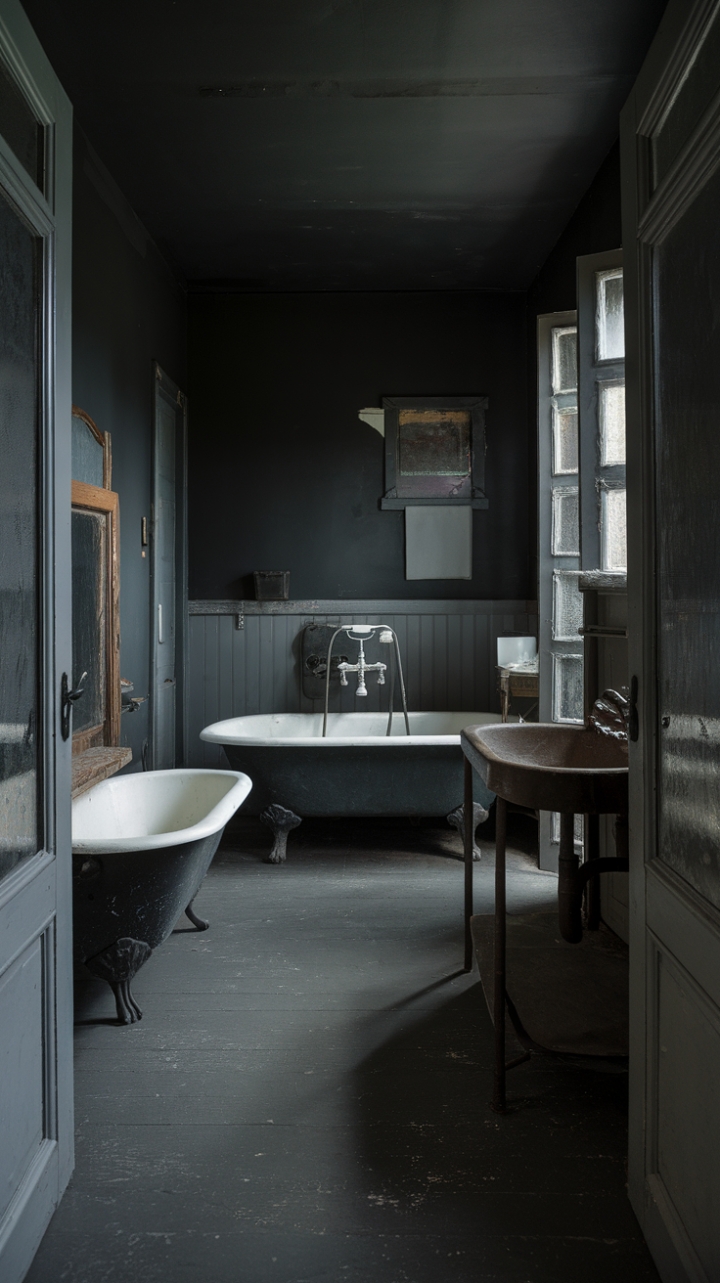 Indulge your senses in the captivating allure of this darkly romantic bathroom. Antique details, from the clawfoot tub to the rustic mirror, are showcased against a backdrop of deep gray, creating a space that's both exquisitely aged and undeniably stylish. The distressed finishes add a layer of intriguing texture, transforming this bathroom into a haven of nostalgic sophistication.