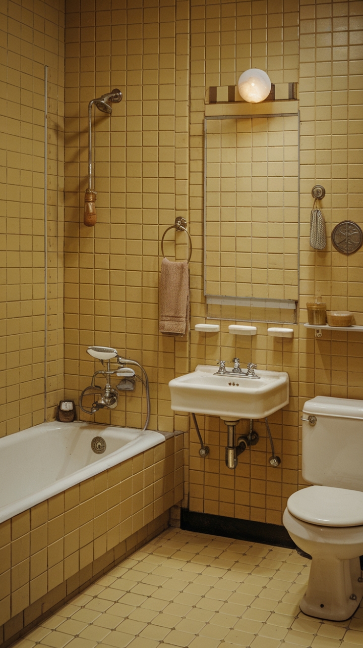 Imagine yourself unwinding in this vibrant, vintage-inspired haven. The sunny yellow tiles, perfectly complemented by antique fixtures and retro accessories, create a space that's both playful and sophisticated. This isn't just a bathroom; it's a portal to a happier, more stylish past, a testament to enduring design and the enduring allure of mid-century modern.