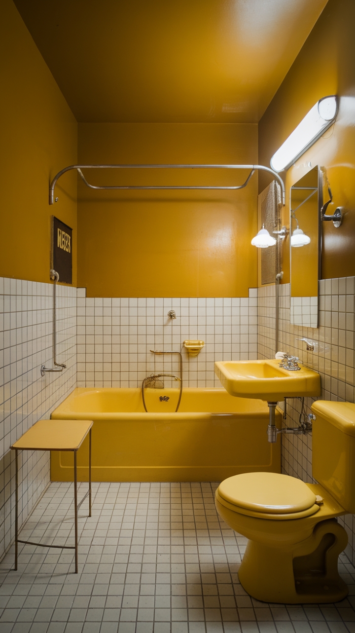 Ready for a dose of sunshine? This mid-century modern bathroom is a vibrant blast from the past, awash in a cheerful vintage yellow hue. Imagine soaking in that iconic yellow tub, surrounded by the playful checkerboard tiles of the walls and floor. Every detail, from the matching yellow sink and toilet to the charming vintage lampshade and accessories like the towel rack and small table, evokes a delightful sense of nostalgia. It's a space that celebrates retro style with unapologetic joy.