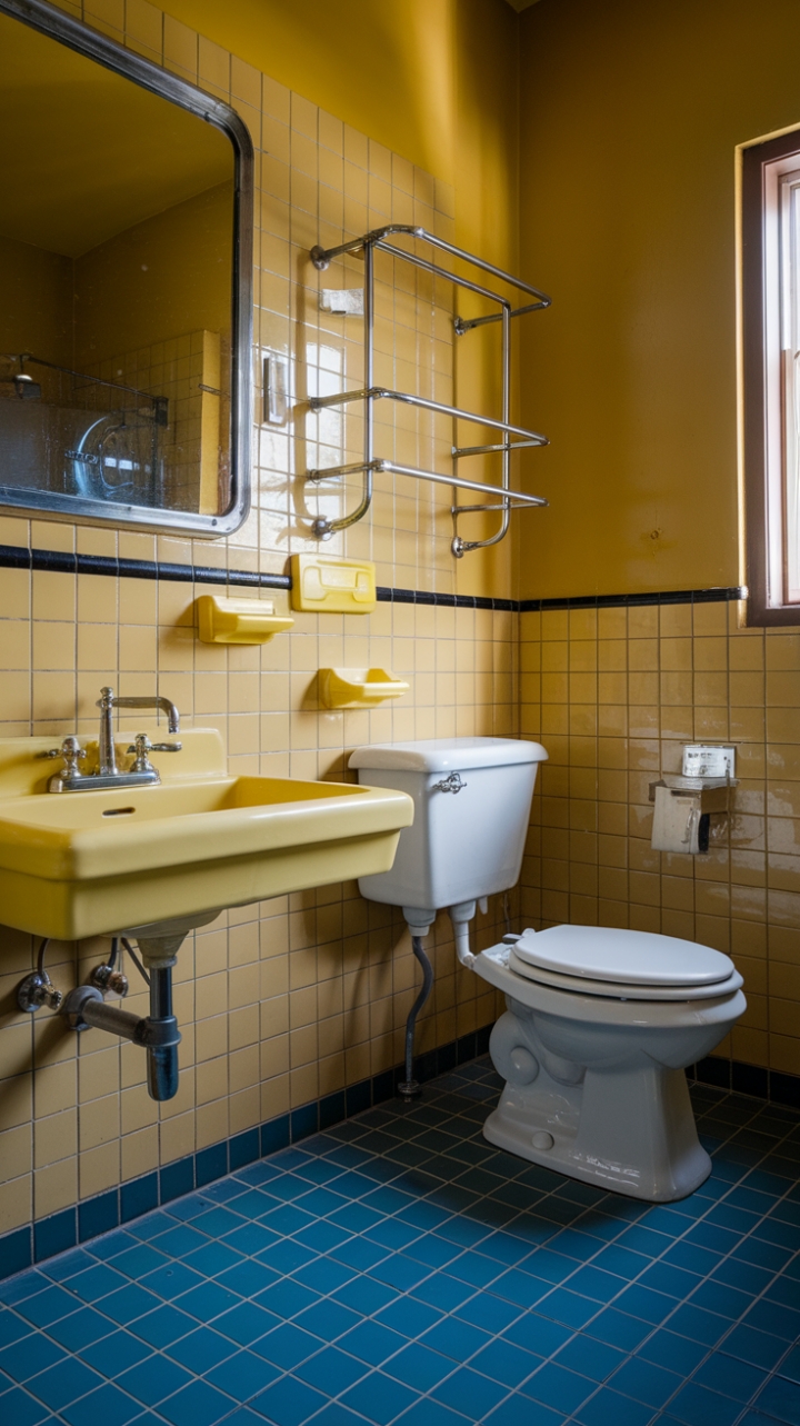 Step back in time with this sunshine-soaked vintage bathroom, where retro charm meets modern functionality. The sunny yellow tiles, gleaming chrome fixtures, and perfectly preserved details create a space that's both nostalgic and utterly chic. Prepare to be transported to a bygone era of effortless elegance.