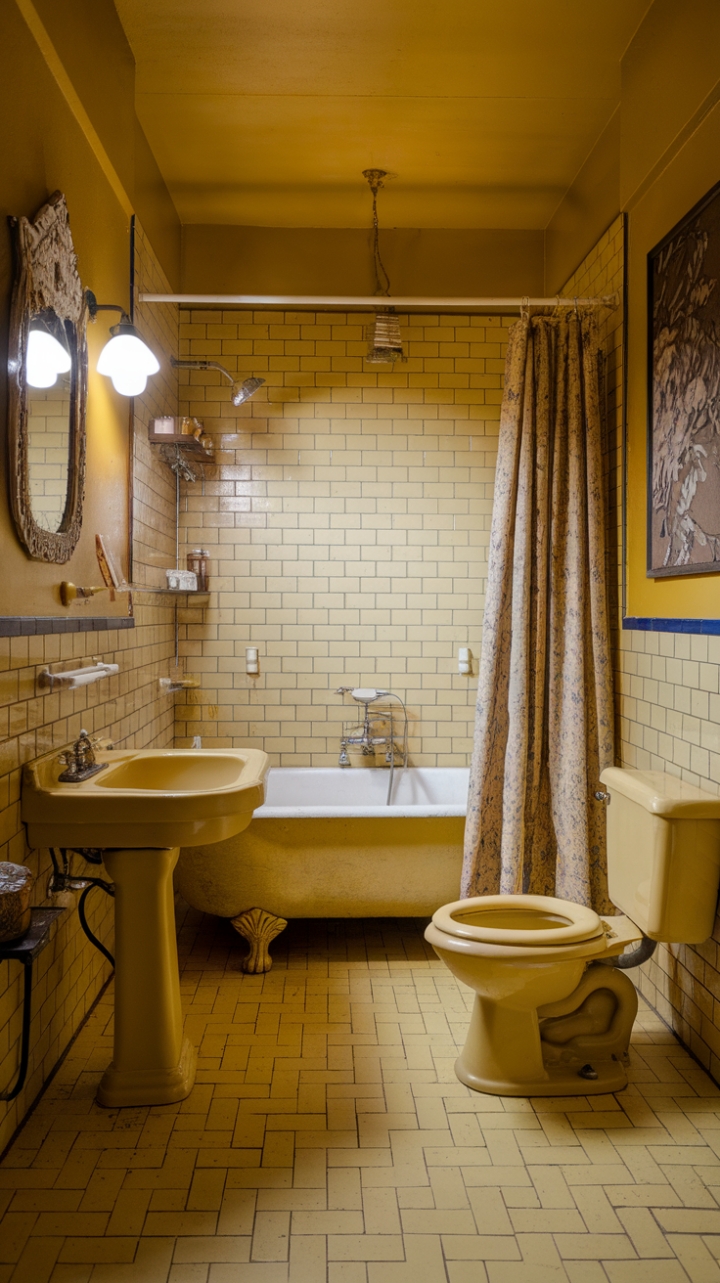 Dive into a world of retro radiance! This vintage yellow bathroom is a masterclass in nostalgic design. From the gleaming yellow tiles to the perfectly preserved vintage bathtub and charming accessories, every detail whispers of a glamorous past. A true testament to timeless style, this space is pure escapism.