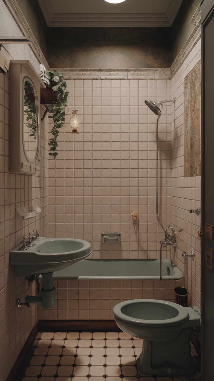 Ready for a little trip back in time? This charming vintage bathroom is a masterclass in shabby chic, proving that small spaces can pack a major style punch. Antique fixtures – from the clawfoot tub just begging for a long soak to the classic sink and toilet – whisper tales of eras past. The vintage tile on the walls adds another layer of authentic character, while a touch of greenery and a flickering candle create a warm, inviting glow. It's a nostalgic haven, a classic retreat that feels both personal and utterly timeless.