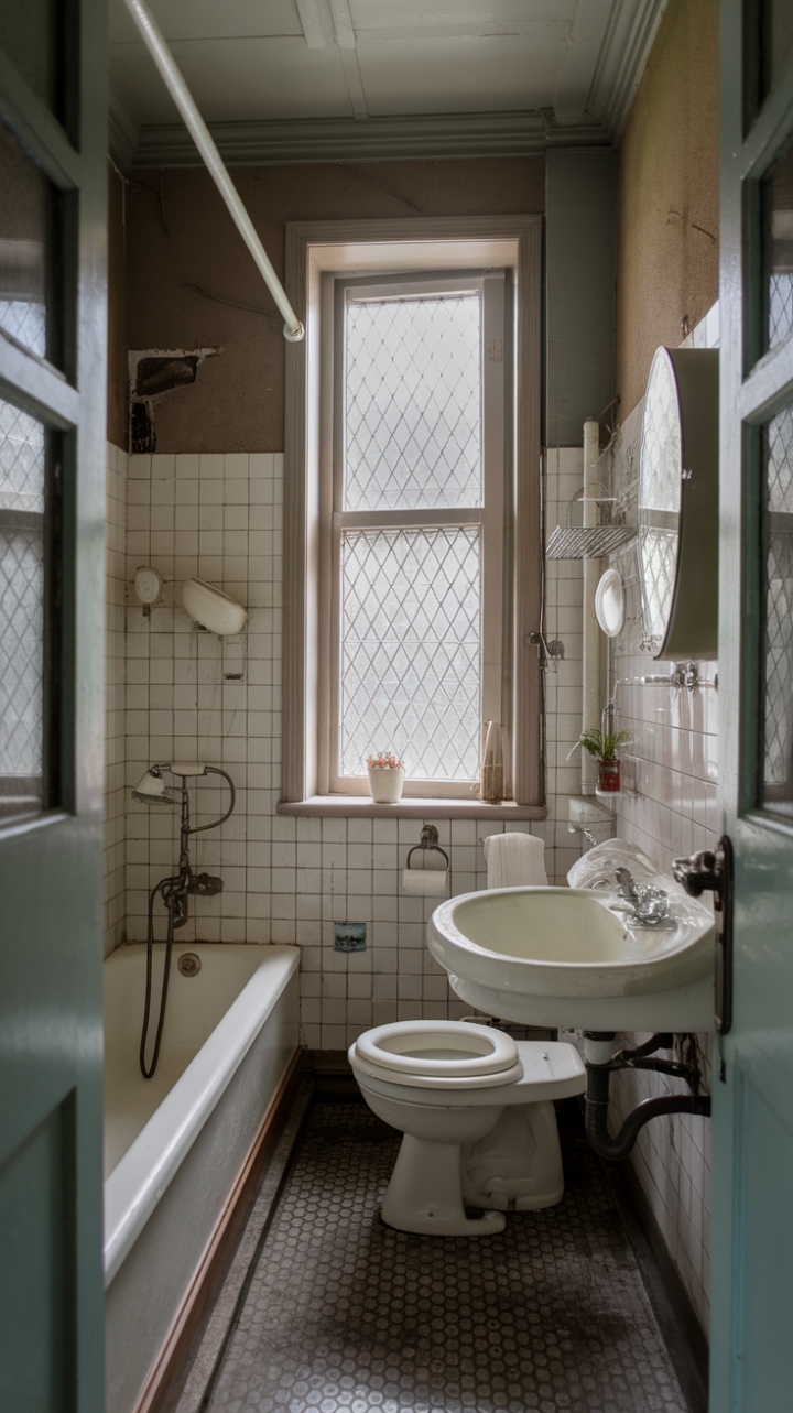 Step back in time with this charming vintage bathroom, where shabby-chic elegance meets retro charm. Antique fixtures gleam against the backdrop of exquisite vintage tile, creating a space that whispers stories of bygone eras. The patterned window adds a touch of whimsical mystery, completing this nostalgic haven.
