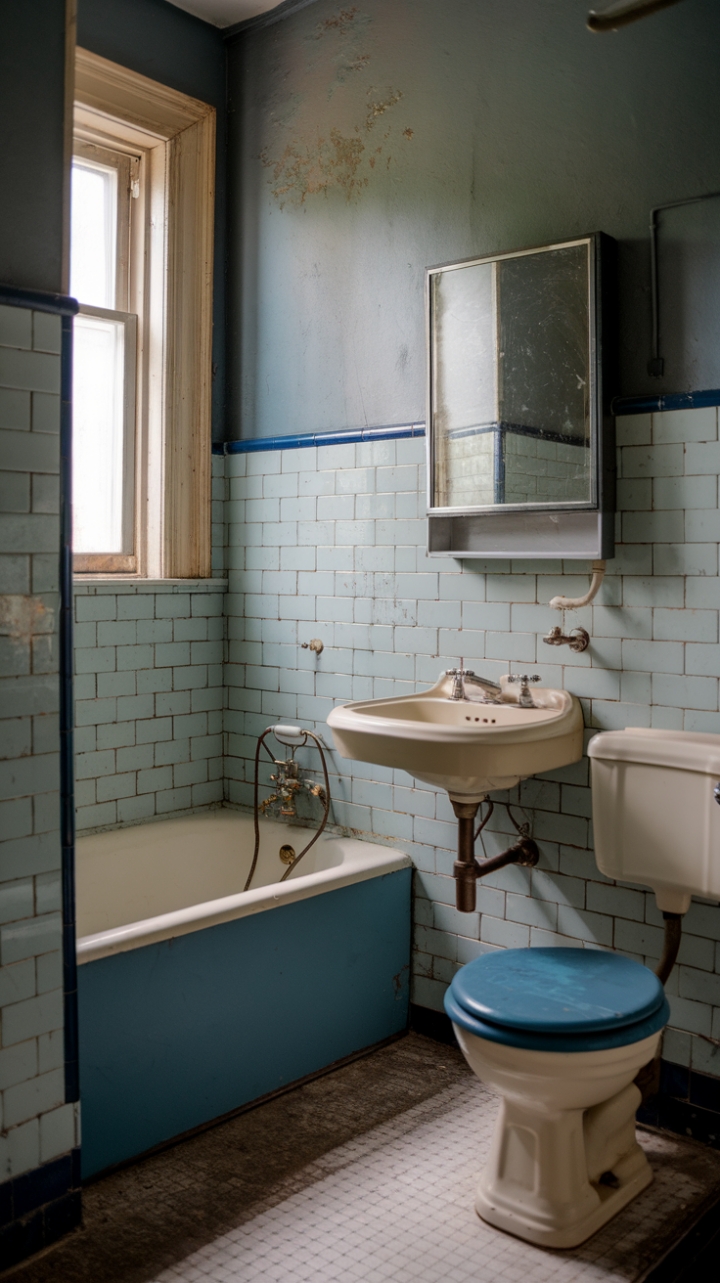 Ready for a little trip back in time? This charming vintage bathroom is a love letter to eras past, where every detail tells a story. Imagine soaking in that classic tub, the gentle light from the window illuminating the beautiful blue and white striped tile – a pattern that feels both nostalgic and utterly chic. The antique fixtures, with their delightful patina, add to the room's perfectly imperfect, shabby chic allure. It's a space that embraces its history, proving that true style only gets better with age.