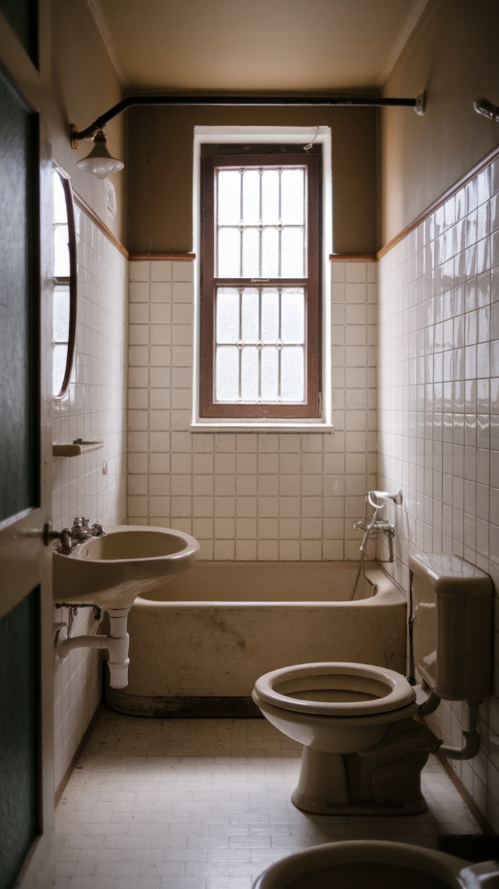 Step into this charming vintage bathroom where nostalgic charm meets shabby chic elegance. The delicate vintage tiles on the walls evoke a bygone era, perfectly complemented by antique fixtures that tell stories of timeless style. The classic bathtub invites relaxation, while the retro faucet on the sink adds a playful touch of nostalgia. A window with a grate bathes the space in soft, natural light, highlighting the pristine white tiled floor. This intimate retreat exudes warmth and character, transforming everyday routines into a delightful journey through history.
