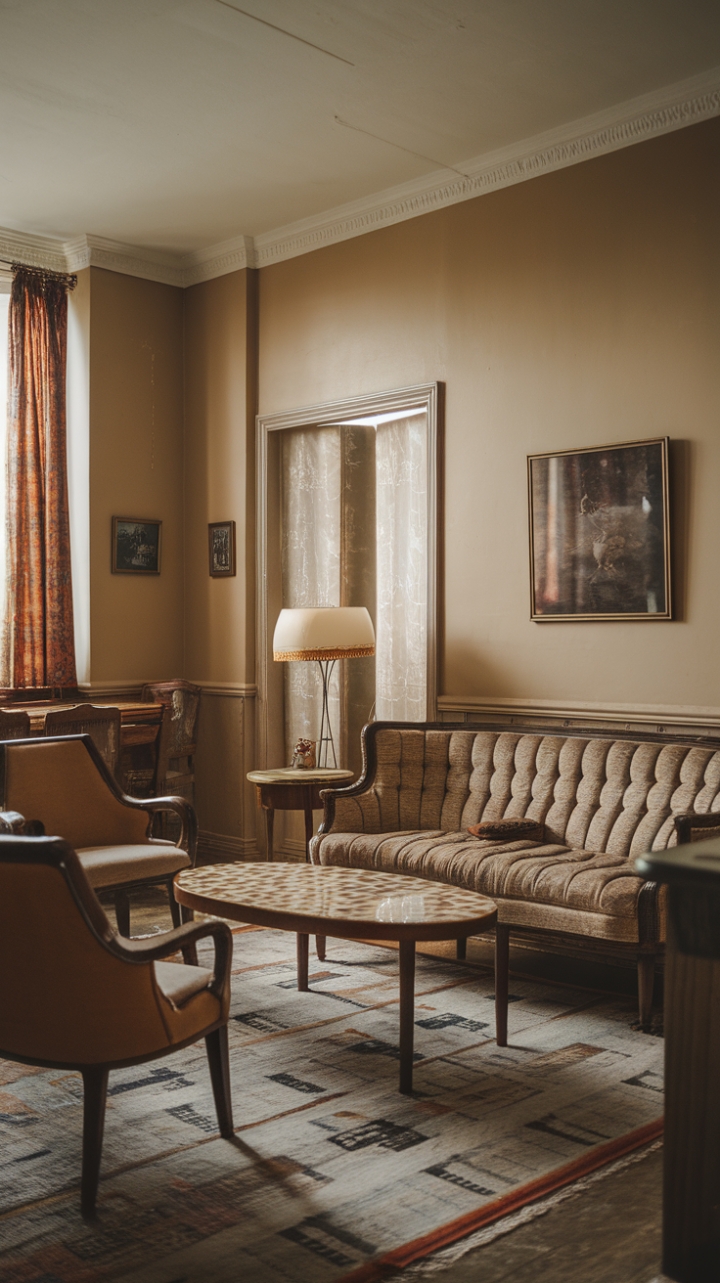 Escape to a haven of retro chic! This vintage apartment boasts antique treasures, from a stylish sofa to a captivating patterned coffee table. Soft lighting and beige walls create a serene ambiance, inviting you to relax and soak in the nostalgic charm.