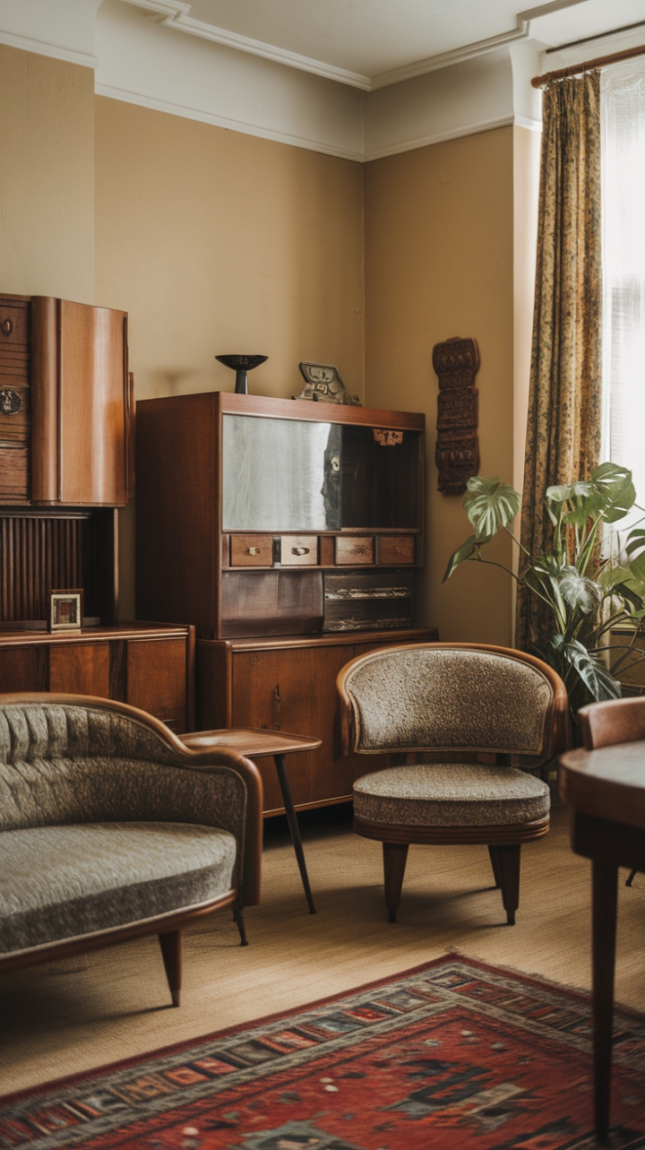 Escape to a world of retro chic in this exquisitely styled apartment. Antique furniture pieces, a vibrant patterned sofa, and a calming beige backdrop create a harmonious atmosphere. The carefully curated details, from the curved chair to the lush potted plant, tell a tale of refined living and timeless style.