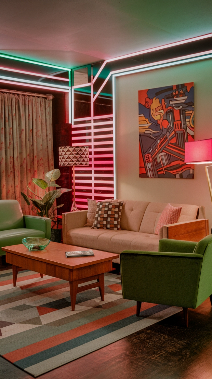 Step back in time with this vibrant 80s-inspired living room, where bold geometric patterns and neon accents create a retro haven. A beige sofa and green armchair invite you to relax amidst a playful mix of textures and colors, while a pop art masterpiece adds a touch of irreverent chic. The energy is undeniable, a perfect blend of nostalgia and modern flair.