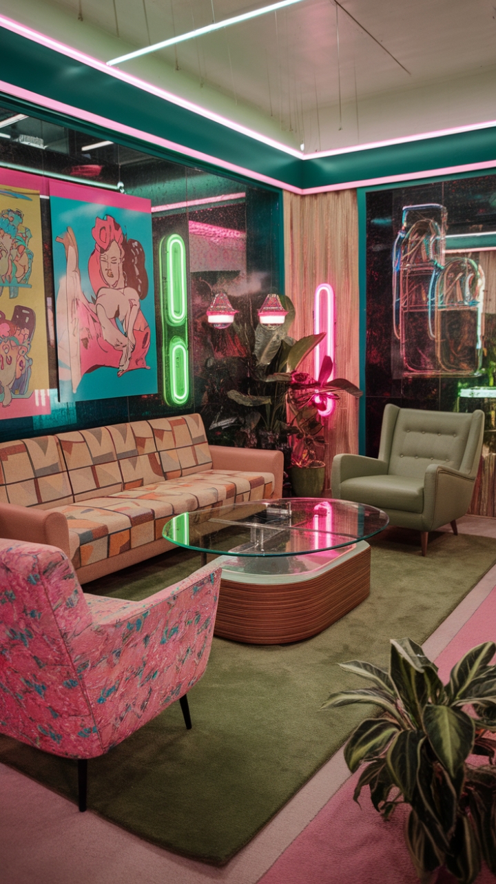 Step into a vibrant homage to the 1980s with this vintage living room that radiates nostalgic charm. The beige sofa, adorned with bold geometric patterns, invites relaxation alongside a whimsically floral pink chair and a cozy green easy chair, creating a playful yet sophisticated seating arrangement. A glass-topped coffee table with a warm wooden base anchors the space, reflecting a perfect blend of retro elegance and modern flair. Walls decorated with striking pop art add a splash of color and personality, while lush plants and a lush green rug bring a touch of nature indoors. Neon accents, including a pink lampshade and a green plant pot, infuse the room with a lively, energetic vibe. This space captures the essence of vintage cool, celebrating bold patterns, vibrant hues, and nostalgic allure.