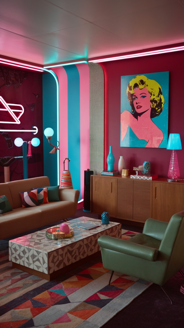 Ready for a blast from the past? This living room is pure 80s magic! Sink into the plush beige sofa or the vibrant green armchair and soak in the retro vibes. A geometric coffee table anchors the space, while a wooden cabinet adds a touch of classic cool. On the wall, a bold pop art painting of a pink woman against a blue background demands attention. Neon accents, from the pink and blue lamps to the striped wall, infuse the room with electric energy. A patterned rug and carefully curated decorative items complete this bold, nostalgic, and utterly eye-catching design.