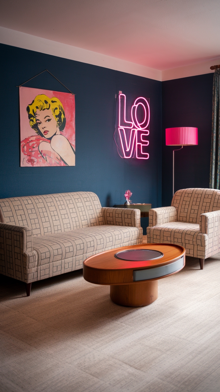 Ready for a blast from the past? This living room is a vibrant homage to the 1980s, where bold colors and playful patterns reigned supreme. A beige sofa and armchair, both sporting a cool geometric print, anchor the space, while a circular wooden coffee table adds a touch of retro charm. The deep blue walls provide a dramatic backdrop for the room's true stars: a striking pop art painting and a neon pink "Love" sign that practically hums with energy. A matching pink lampshade casts a warm glow, completing this perfectly curated vintage vignette.
