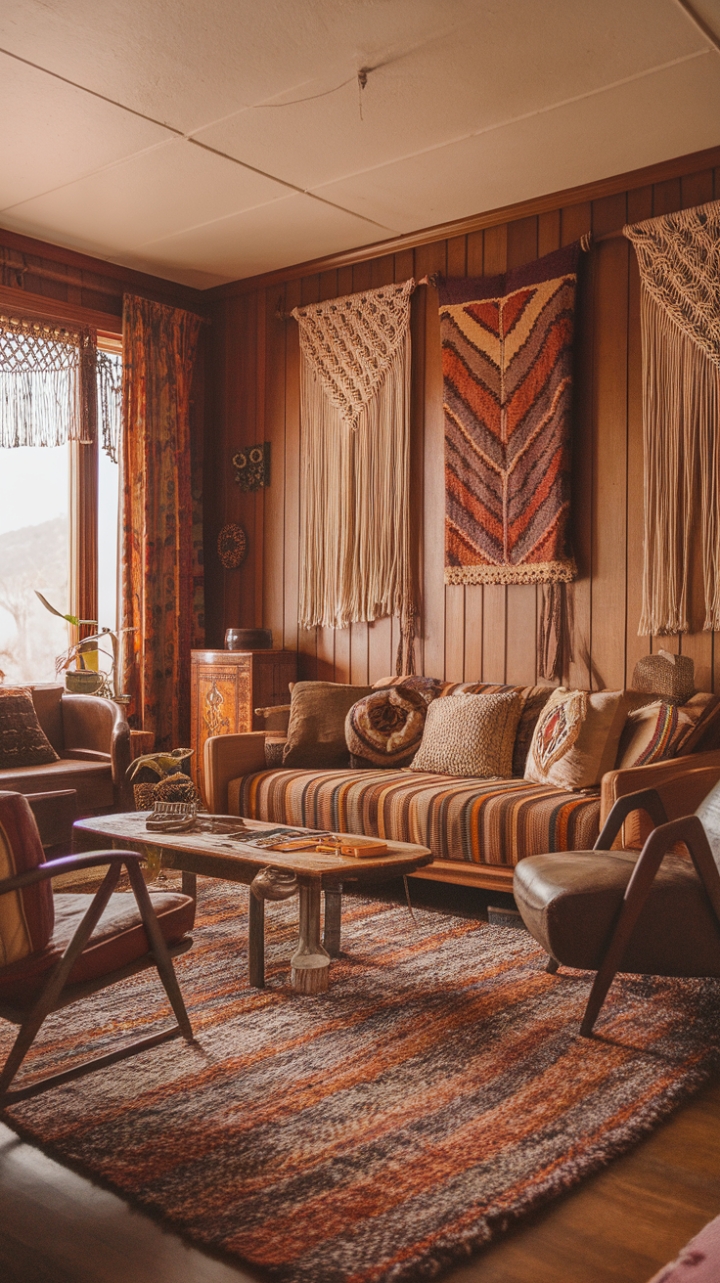 A captivating 70s-inspired living room exudes bohemian charm with its rich tapestry of earthy tones and eclectic textures. Warm wood paneling creates a cozy backdrop, while a plush shag rug invites barefoot comfort. Vintage furniture pieces, adorned with bold patterned cushions, add character and nostalgia. Intricate macramé accents drape gracefully, enhancing the room’s handcrafted vibe. Vibrant wall patterns and layered textiles craft a lively yet inviting atmosphere, making this space a perfect retreat for relaxed, stylish living.