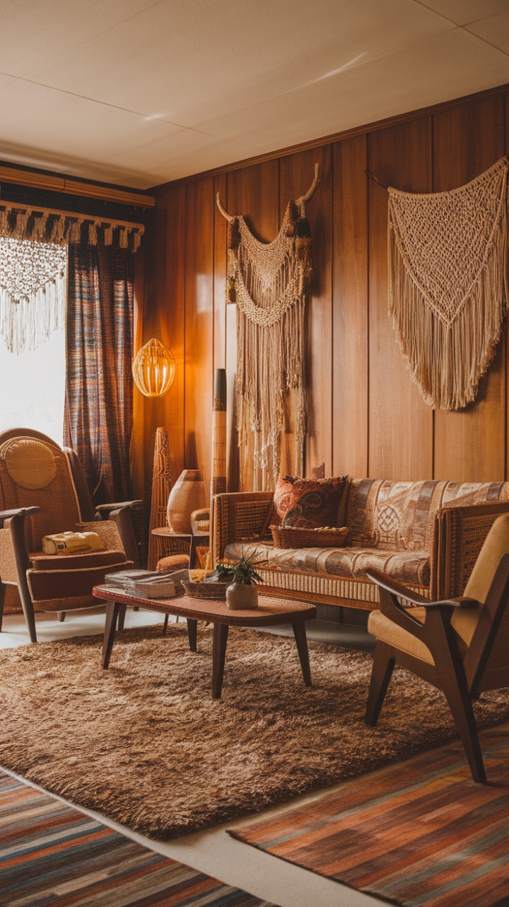 Ready for a trip back in time? This living room is a love letter to the groovy 70s, where bohemian spirit reigns supreme. Sink your toes into that plush shag rug and let the warm wood paneling transport you to an era of laid-back cool. Vintage treasures – a comfy sofa, a chic chair, and a character-filled coffee table – invite you to linger. Macramé hangs like art, bold patterns dance across textiles, and earthy tones create a grounding, inviting atmosphere. Bathed in warm light, this space is pure vintage bliss.