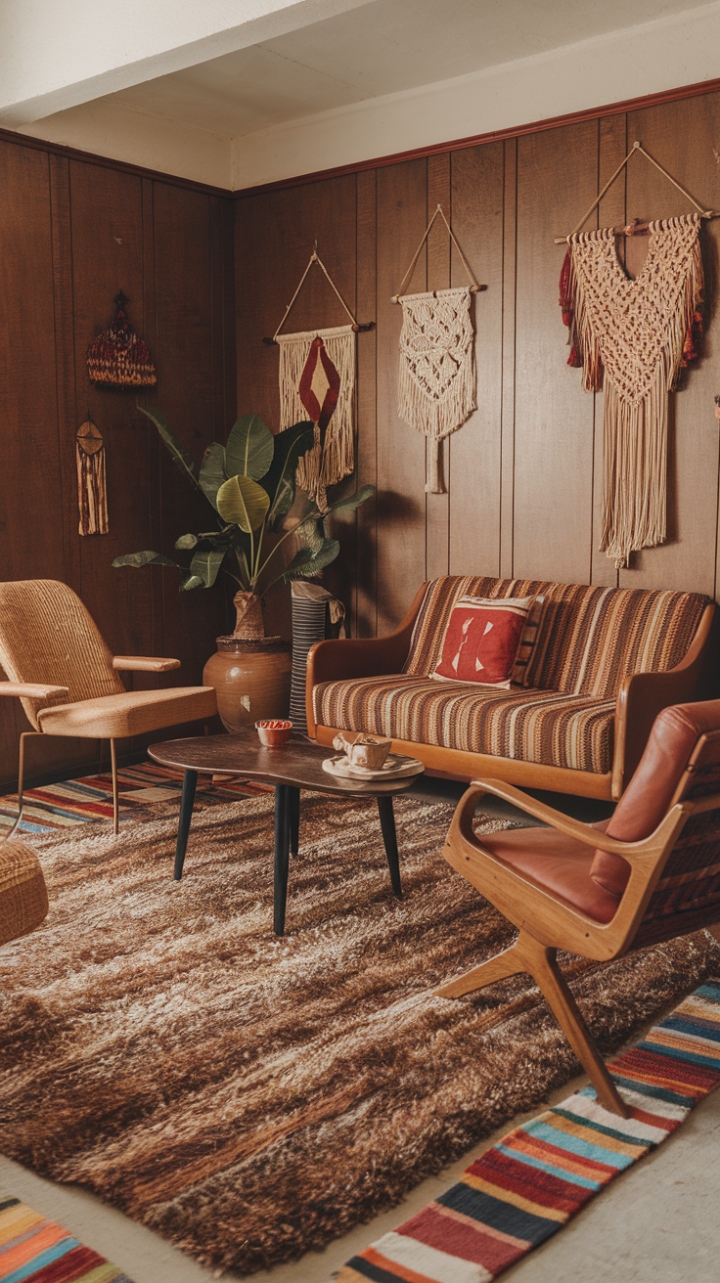 Ready for a trip back in time? This living room is a love letter to the groovy 70s, where bohemian spirit reigns supreme. Sink your toes into that plush shag rug – it's practically begging for bare feet and good vibes. The warm wood paneling wraps you in a cozy embrace, while vintage treasures like that sofa and chair invite you to settle in and stay awhile. Macramé art dances on the walls, adding a touch of handcrafted charm, and a leafy friend in a ceramic pot brings the outdoors in. Earthy tones mingle with bold patterns, creating a space that's as vibrant and free-spirited as the era itself. This is more than just a room; it's a feeling, a mood, a celebration of all things bohemian.