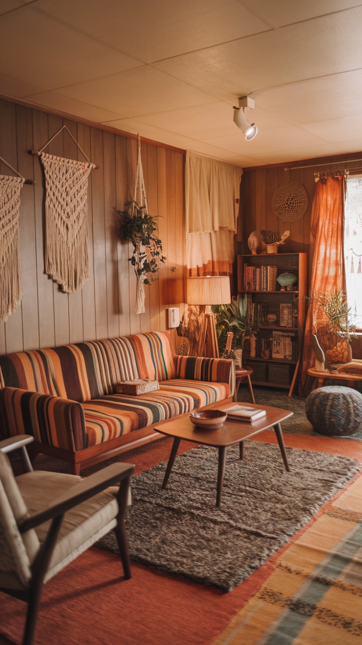Ready to time travel? This living room is a groovy trip back to the 70s, where bohemian dreams meet cozy vibes. Sink into the vintage sofa, a riot of bold patterns that practically hum with retro energy. Your toes will thank you for the plush embrace of the shag rug, while the wood-paneled walls wrap you in a warm, earthy hug. Macramé magic hangs from the walls and cradles a leafy friend, adding handcrafted charm. Every piece, from the lamp's soft glow to the well-loved bookshelf, tells a story. It's a space that feels lived-in, loved, and utterly inviting.