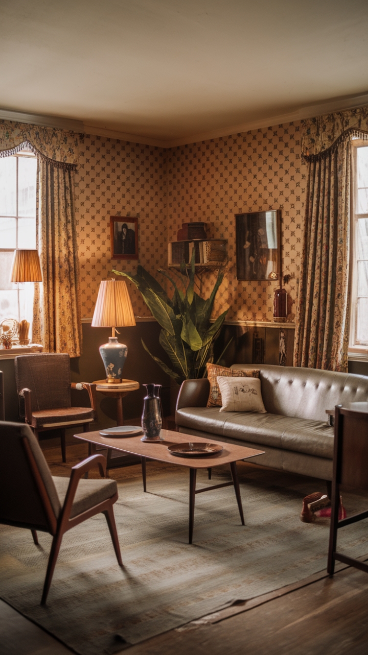 Ready for a trip back in time? This vintage living room is a masterclass in mid-century cool. Earthy tones create a warm, inviting atmosphere, while the patterned wallpaper adds a touch of playful sophistication. Antique furniture, including a classic sofa, coffee table, and chair, anchors the space with timeless style. Thoughtful vintage accessories – a stylish lamp, a charming vase, and a framed photo – complete the nostalgic design, making this room feel both curated and lived-in.