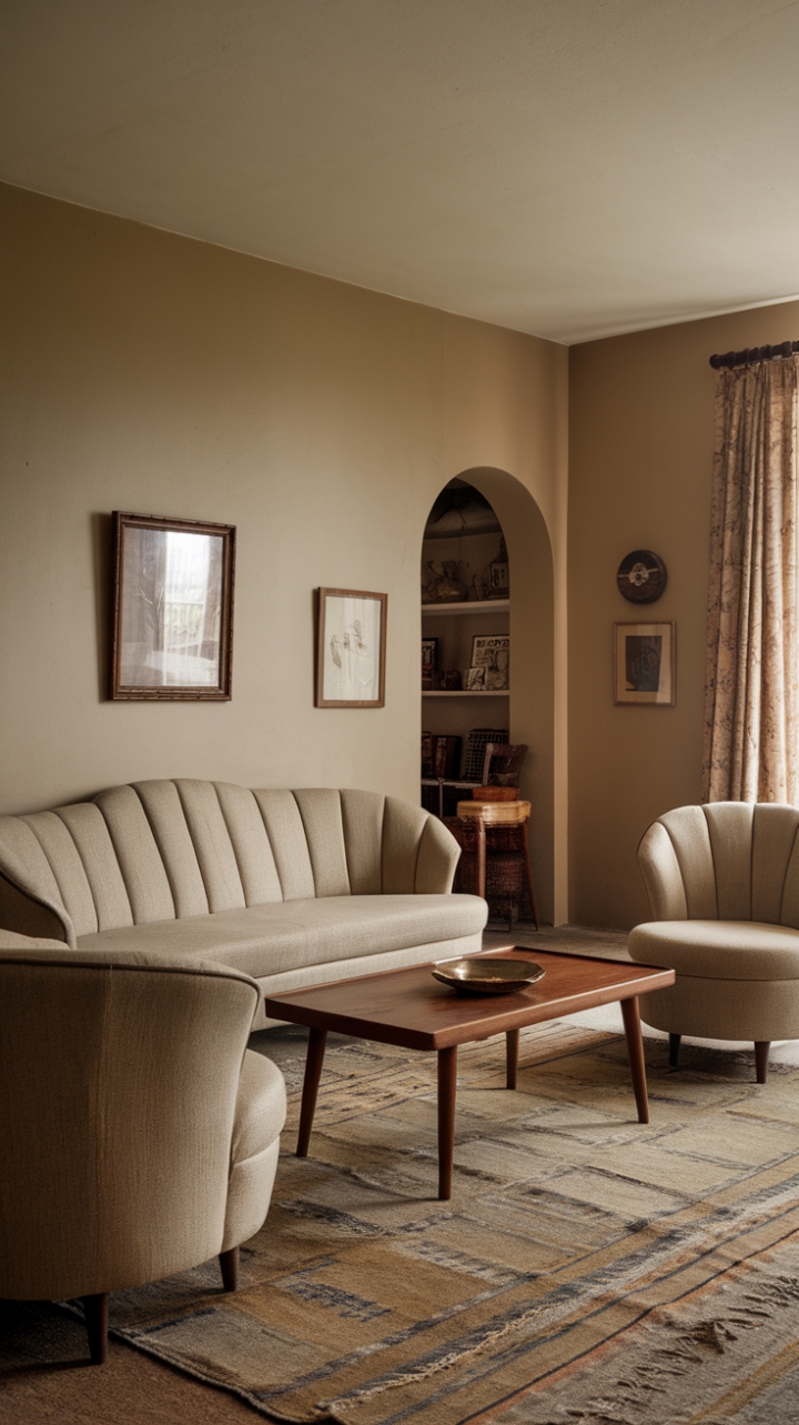 Ready for a trip back in time? This vintage living room is a love letter to mid-century cool. Sink into the embrace of the curved beige sofa, perfectly paired with a classic wooden coffee table. Two matching chairs echo the elegant lines, creating a harmonious conversation area. The neutral palette allows the beautiful antique furniture and the vintage rug to truly shine, evoking a sense of timeless nostalgia and classic design.