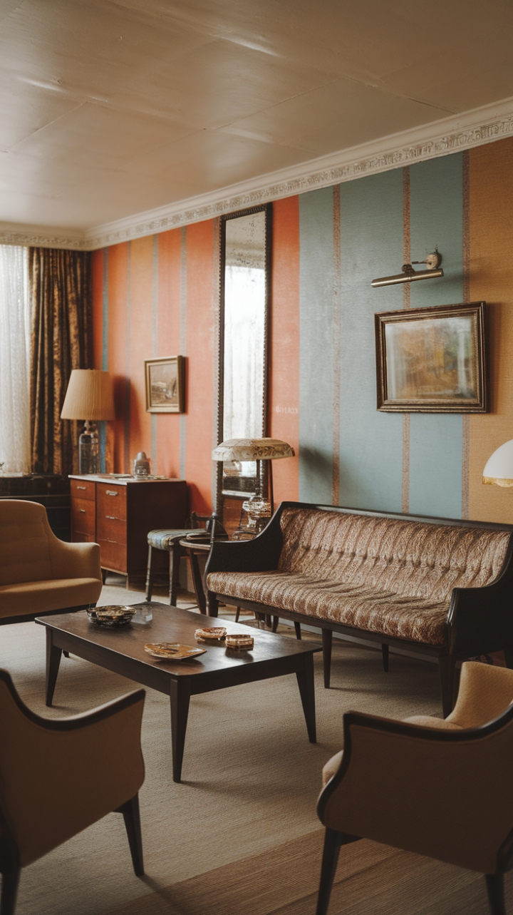 Ready for a trip back in time? This vintage living room is a masterclass in mid-century charm. Antique furniture, like that rich dark wood coffee table and the sofa with its captivating patterned upholstery, sets the stage for a truly nostalgic space. Paired with classic chairs and a stylish lamp, the room feels both curated and comfortable. A striking painting and an elegant mirror grace the walls, adding layers of visual interest. The retro color palette of warm oranges, cool blues, and soft beiges ties it all together, creating a classic design with a delightful touch of old-fashioned elegance.