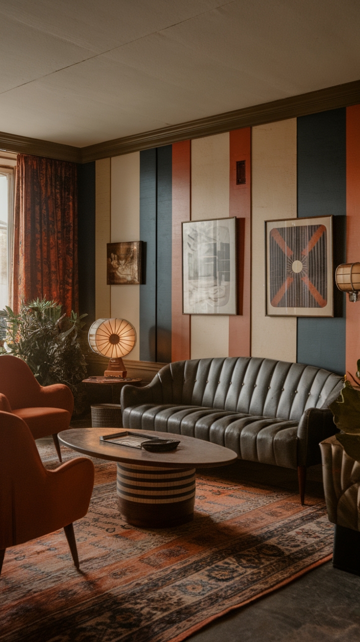 Step back in time with this vintage living room, where mid-century modern meets timeless elegance. A curated collection of antique furniture, a warm retro color palette, and classic artwork create a space that's both nostalgic and utterly inviting. The patterned rug, statement lamp, and lush potted plant add the perfect finishing touches to this perfectly styled retreat.