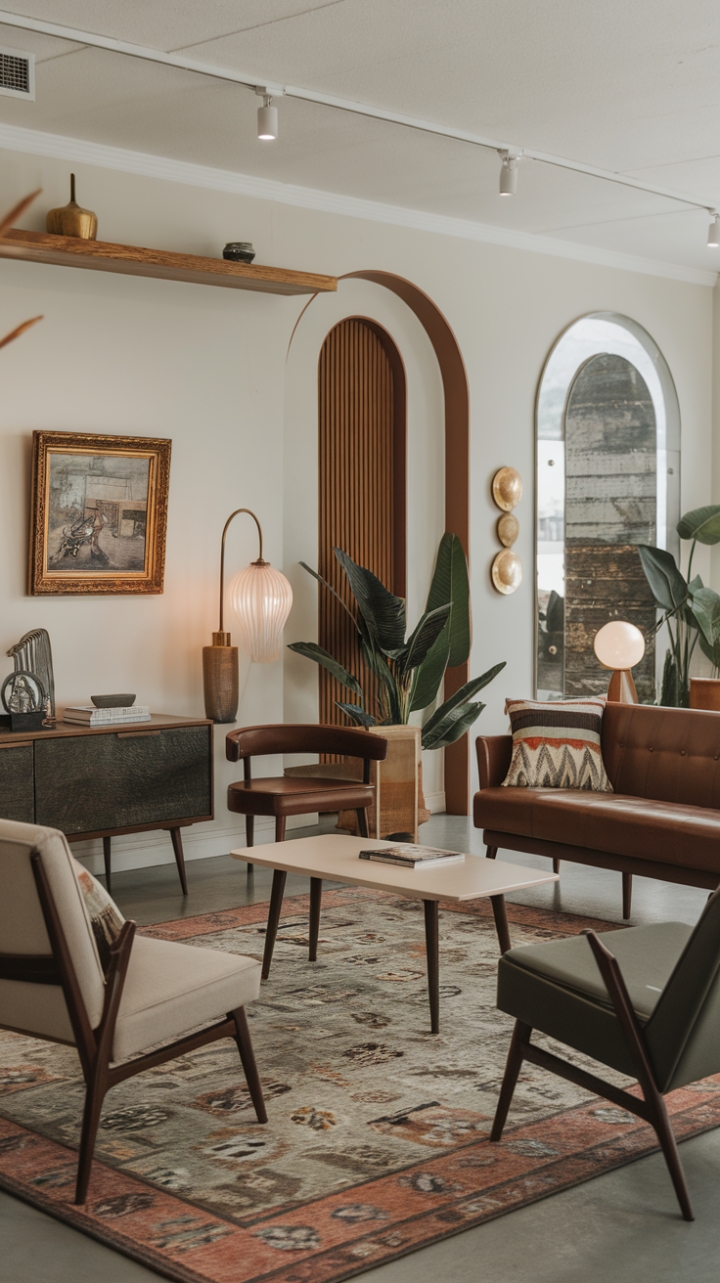 Reimagine retro: This living room masterfully blends the clean lines of mid-century modern design with the warmth of vintage finds. A carefully chosen palette, punctuated by pops of color and texture, creates a space that's both timeless and utterly current.