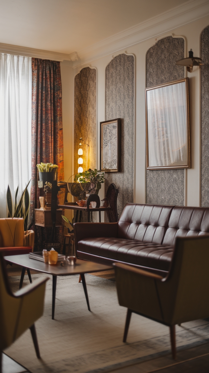A captivating blend of nostalgia and modernity, this vintage-inspired living room exudes retro chic with its thoughtfully curated mid-century furniture and eclectic accents. The plush sofa and sleek coffee table anchor the space, while vintage patterned wallpaper and framed artwork add layers of character. An eclectic plant stand and a stylish lamp introduce playful textures and warmth, creating a harmonious fusion of classic and contemporary design. This room invites a sense of timeless elegance, where nostalgic charm meets modern sophistication in a truly captivating setting.