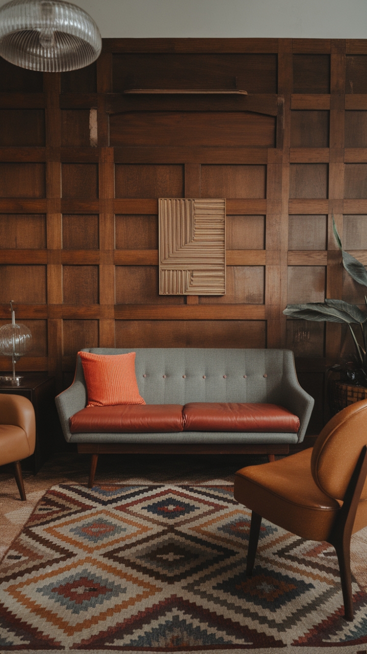 A captivating blend of vintage charm and modern sophistication, this living room exudes retro-inspired elegance. The mid-century modern sofa, accented with vibrant orange throw pillows, anchors the space against a rich, vintage wood-paneled wall, creating a warm and inviting atmosphere. A geometric-patterned rug adds visual intrigue beneath a sleek mid-century chair with a rounded backrest, while vintage touches like a glass-shaded lamp and a wooden side table evoke nostalgic appeal. Contemporary elements, including a lush green plant and a striking geometric-patterned artwork, seamlessly fuse the old with the new, resulting in a timeless yet fresh aesthetic that celebrates the enduring allure of mid-century design.