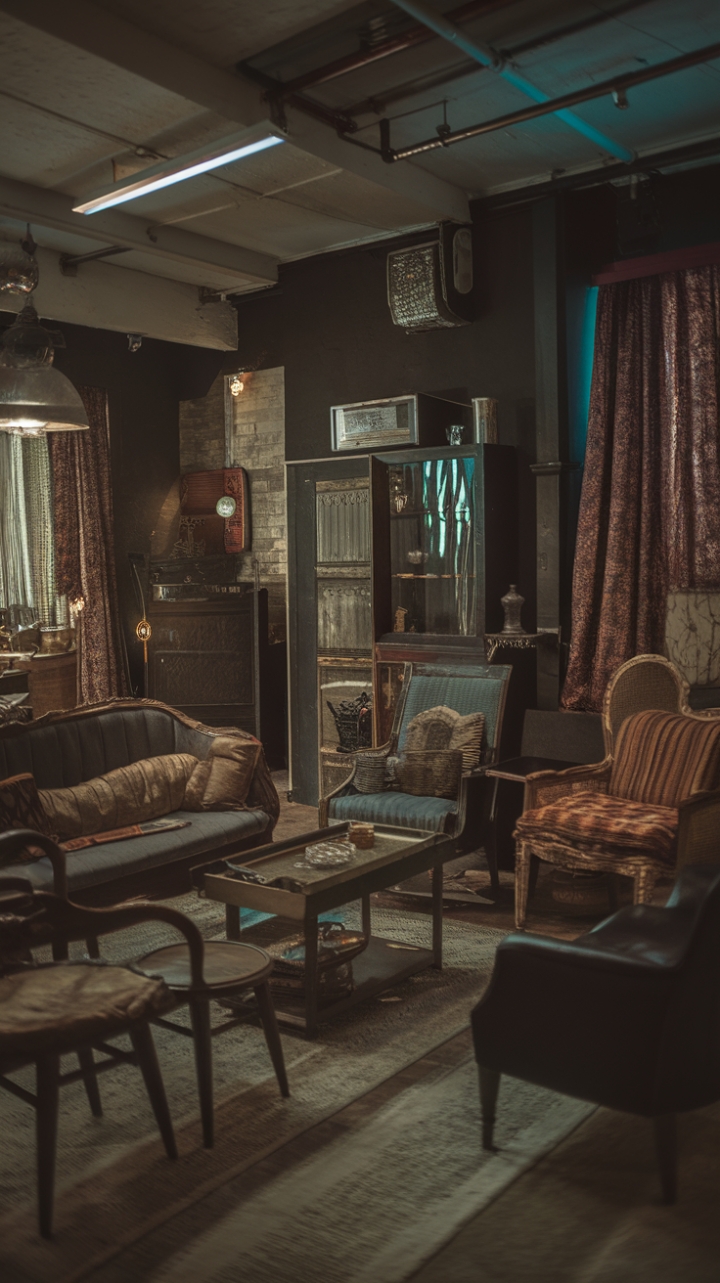 Embrace the allure of the dimly lit, where aged wood whispers stories of bygone eras and velvet drapes caress the soul. This vintage living room, a masterpiece of moody design, showcases the beauty of imperfection, blending antique decor with rustic accents for a truly unforgettable ambiance. The perfect blend of comfort and captivating style awaits.