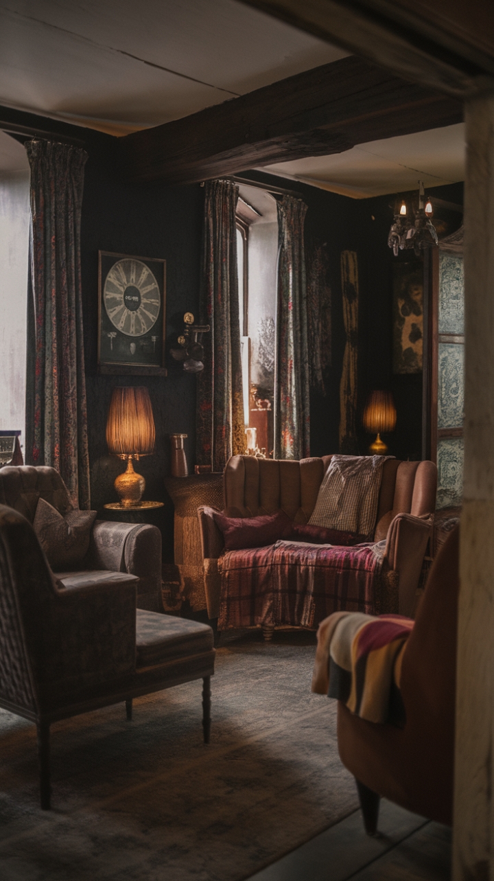 Ready to be transported? This living room is a love letter to the past, a moody masterpiece where dark hues embrace antique treasures and retro finds. Sink into the embrace of vintage textiles, feel the stories whispered by distressed finishes, and let the soft, atmospheric lighting wrap you in a nostalgic embrace. It's a space that feels lived-in, loved, and utterly captivating.