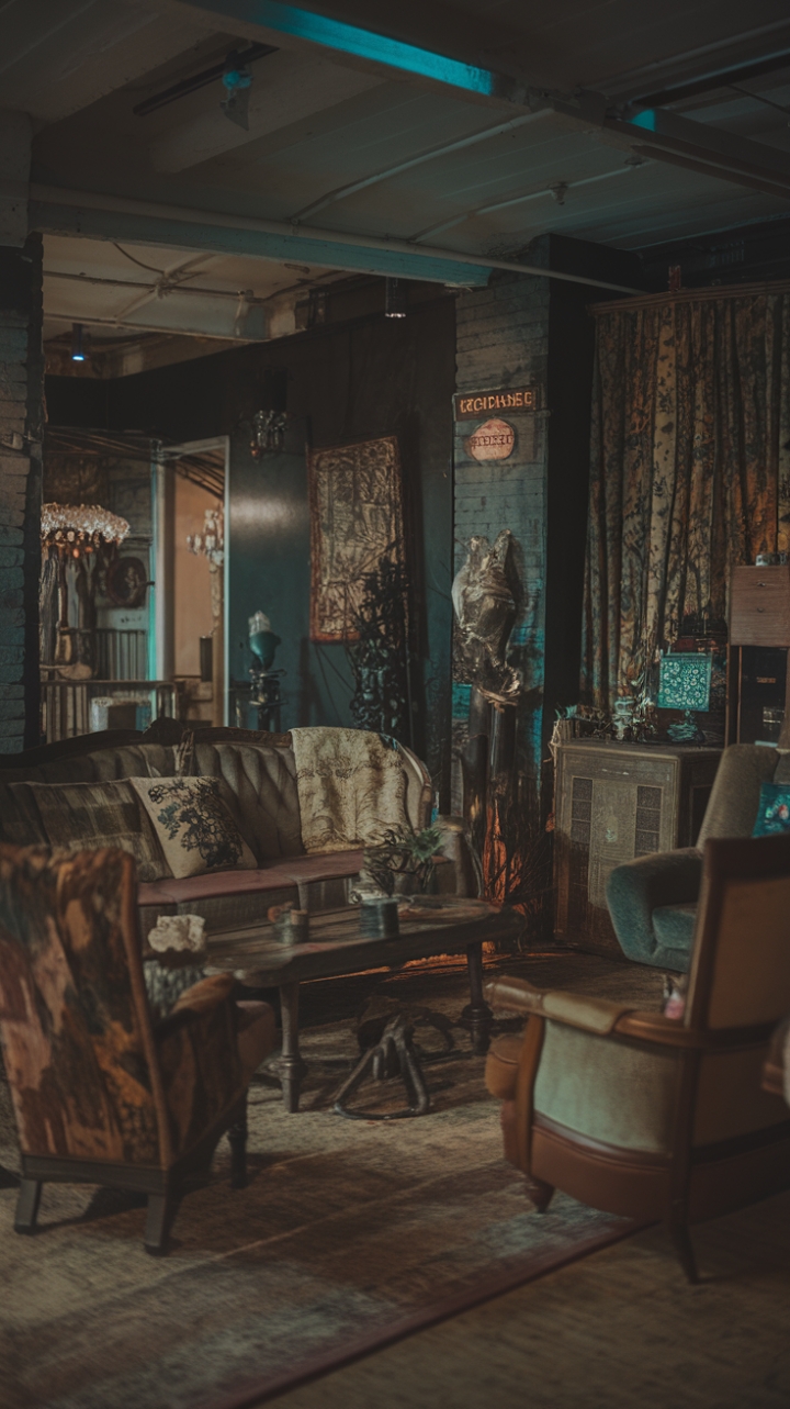 Ready to be transported? This vintage living room is a masterclass in moody romance. A rich, dark palette sets the stage for a curated collection of antique treasures and retro finds. Every corner tells a story, from the worn patina of the rustic accents to the intricate patterns of the vintage textiles. Distressed finishes add a layer of history and character, all bathed in the soft glow of atmospheric lighting. It's a space that feels both deeply personal and utterly captivating.