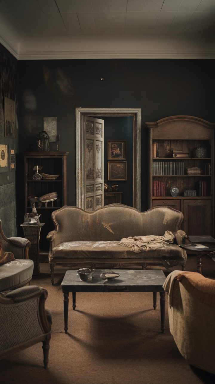 A vintage living room exudes timeless charm with its moody, dark palette and rustic accents. The distressed sofa and armchairs, draped in vintage textiles, invite cozy nostalgia, while the rich hues of the walls create an intimate, contemplative atmosphere. A well-loved coffee table and an eclectic bookshelf add layers of character, transforming the space into a warm sanctuary of bygone eras and cherished memories.