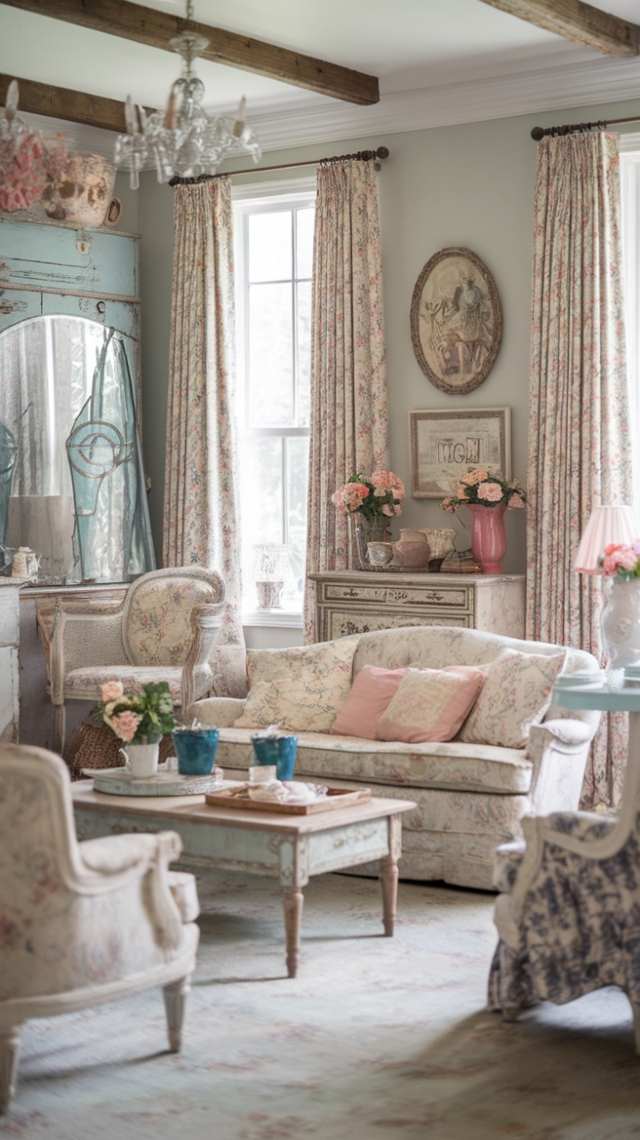 Ready for a dose of pure, unadulterated charm? This living room is a love letter to all things vintage and romantic. Imagine sinking into a cozy armchair surrounded by the softest pastels and delicate floral prints. Distressed finishes on the furniture tell stories of a life well-lived, while antique treasures add layers of history and personality. It's a space that feels both lived-in and utterly enchanting, a perfect blend of rustic charm and shabby elegance. This is cottage style at its most inviting, a haven of comfort and beauty.