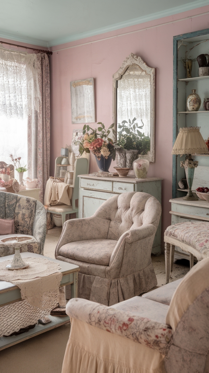 A charming vintage living room exudes shabby chic elegance, where pastel hues and distressed furniture create a cozy, nostalgic ambiance. Floral-patterned pieces and rustic accents evoke a cottage-inspired warmth, while antique decor—an ornate mirror, delicate vase, and vintage lamp—add layers of timeless sophistication. The intricate lace curtains and doily-topped table enhance the room’s delicate femininity, blending rustic charm with refined elegance for a truly inviting retreat.