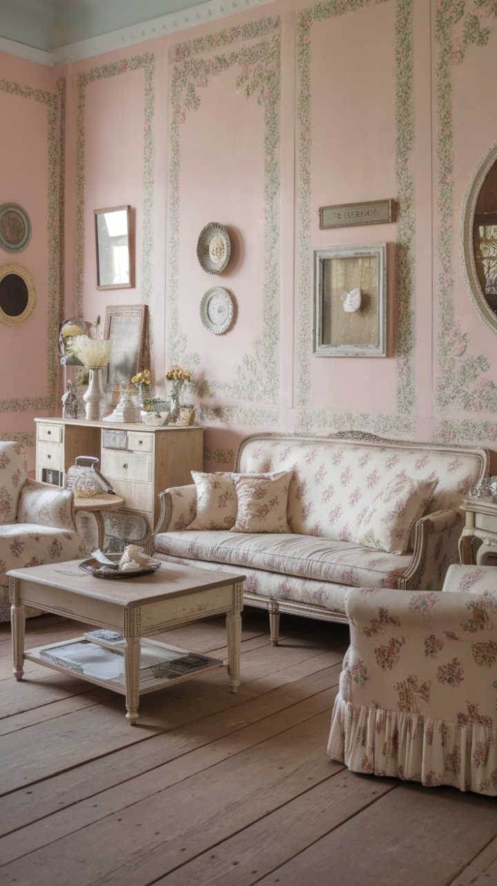 A charming shabby chic living room exudes timeless elegance with its distressed furniture and antique accents. Soft pastel hues and delicate floral patterns create a serene, romantic ambiance, while rustic wooden floors add warmth and character. Vintage frames and decorative accessories adorn the walls, enhancing the room’s nostalgic appeal. Cozy seating options, including a plush sofa and armchair, invite relaxation amidst the charming, weathered charm of this beautifully curated space.