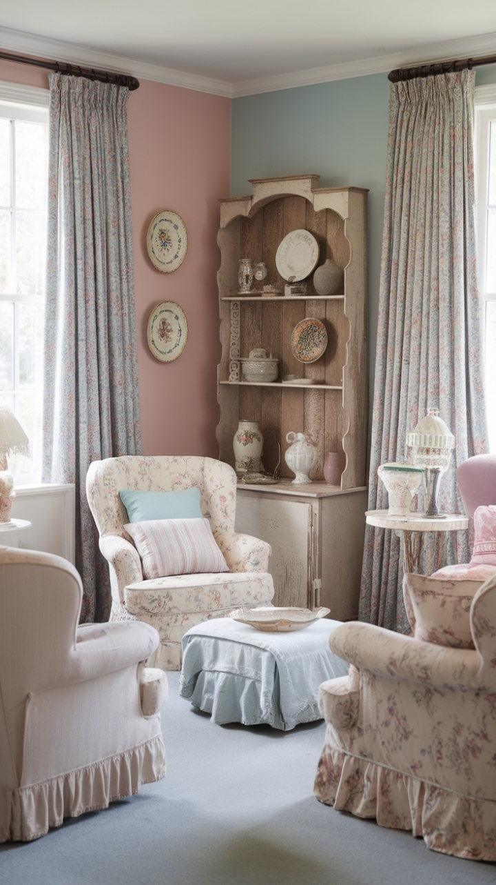 Embrace the allure of vintage romance in this exquisitely styled living room. Pale pink and blue walls embrace whitewashed furniture adorned with delicate floral patterns, creating a dreamy, cottage-inspired sanctuary. Distressed details and antique accessories add layers of character and history, while the soft color palette fosters a sense of calm and tranquility. This is more than just a room; it's a captivating escape into a world of shabby chic elegance.
