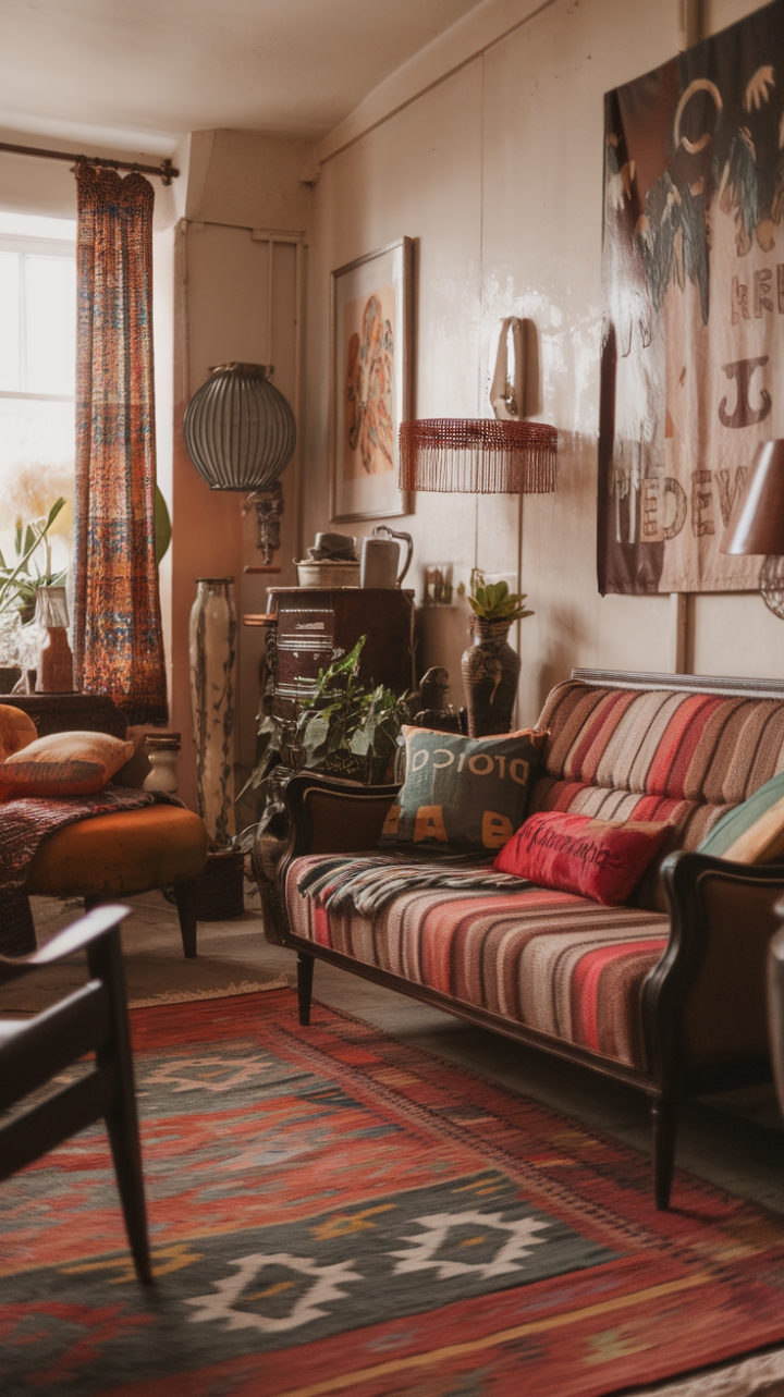 Ready to escape the ordinary? Step into this bohemian dream, where vintage treasures and global finds mingle in perfect harmony. Sunlight streams across a richly patterned rug, illuminating a curated collection of antique furnishings that tell a story. Plush, colorful textiles invite you to sink in, while vibrant art and lush greenery breathe life into the space. Retro accents, like that charming lamp and unique vase, add a playful touch, creating an atmosphere that's both warm and utterly inviting. This is a living room designed for lingering, for conversation, and for simply being.