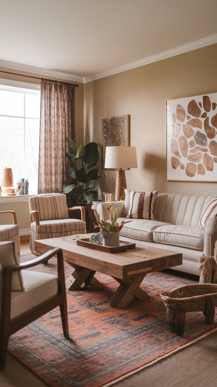A captivating boho vintage living room exudes warm, inviting charm with its eclectic mix of retro accents and rustic decor. The beige sofa invites relaxation, complemented by a wooden coffee table that adds natural texture. An intricately patterned rug anchors the space, while vintage chairs and antique furnishings enhance its timeless appeal. Soft lighting from a stylish lamp creates a cozy ambiance, and lush greenery in a vibrant plant breathes life into the neutral beige walls. This space perfectly balances boho chic with vintage elegance, crafting a soulful retreat filled with character and charm.
