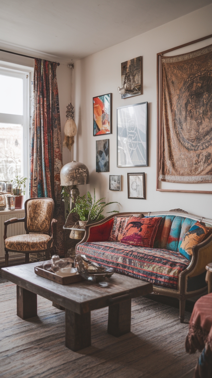 Ready to step into a living room that tells a story? This bohemian vintage haven is a masterclass in curated cool. A vintage sofa, draped in a riot of colorful textiles, beckons you to sink in, while a rustic coffee table grounds the space with its earthy charm. Near the window, a vintage chair with a playful patterned seat offers a cozy spot for reading or simply soaking up the light. The walls are a gallery of personal treasures, from framed art to a captivating tapestry, each piece adding a layer of character. A vintage lamp casts a warm glow, a lush plant brings a touch of life, and carefully chosen decorative items add the perfect finishing touches. All anchored by a beautiful rug, this room is a vibrant tapestry of textures, colors, and eras, proving that true style is all about embracing what you love.